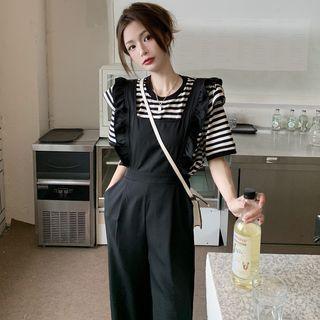 Short-sleeve Striped T-shirt / Frill Trim Jumper Pants