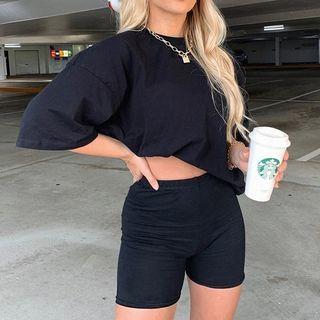 Set: Short-sleeve Plain T-shirt + Biker Shorts