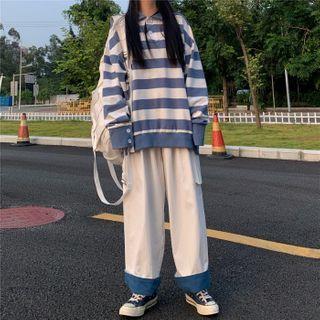Polo-neck Striped Pullover / Wide-leg Pants / Set