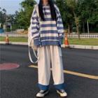 Polo-neck Striped Pullover / Wide-leg Pants / Set