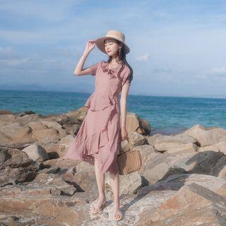 Short-sleeve Dotted Ruffled Midi A-line Dress