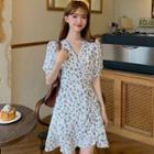 Short-sleeve V-neck Floral Drawstring Mini A-line Dress