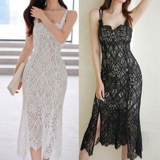 Spaghetti-strap Lace Side-slit Dress