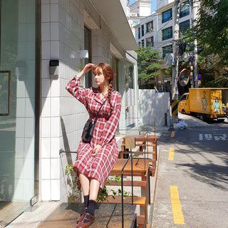 Open-placket Tie-waist Plaid Midi Dress Red - One Size