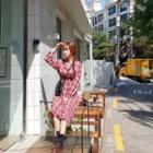 Open-placket Tie-waist Plaid Midi Dress Red - One Size
