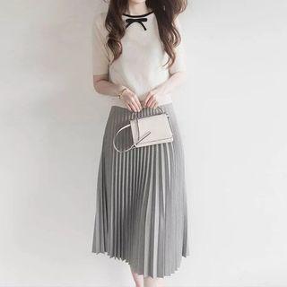 Set: Short-sleeve Bow-accent Top + Pleated Midi A-line Skirt