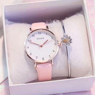 Set: Plain Strap Watch + Flower Bangle