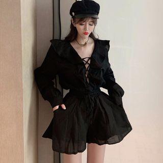 Ruffle V-neck Blouse / Drawstring Wide-leg Shorts