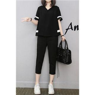 Set: Short-sleeve V-neck Top + Cropped Pants