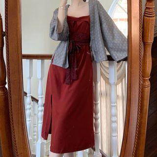 Set: Spaghetti Strap Midi Dress + Belt + Jacket