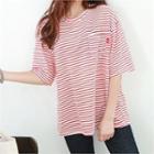 Elbow-sleeve Pocket-front Striped T-shirt