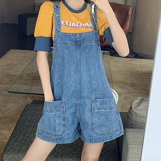 Wide-leg Denim Jumper Shorts / Short-sleeve Lettering T-shirt