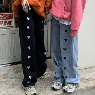 Heart Printed Wide Leg Jeans