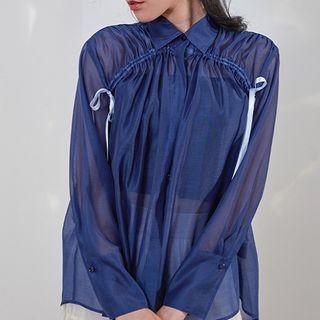Drawstring Long-sleeve Organza Blouse