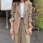 Set: Plain Single-breasted Blazer + High-waist Wide-leg Pants Khaki - One Size