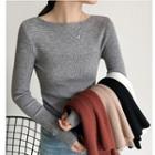 Plain Long-sleeve Knit Top Black - One Size