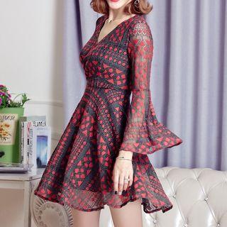 3/4-sleeve Patterned A-line Mini Dress