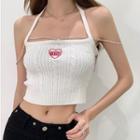 Halter-neck Chained Heart Embroidered Knit Top