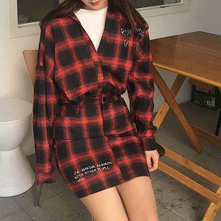 Set: Plaid Long-sleeve Shirt + A-line Skirt