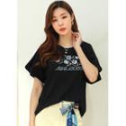 Bell-sleeve Flower-embroidered T-shirt