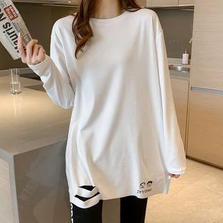 Long-sleeve Cartoon Print Distressed T-shirt
