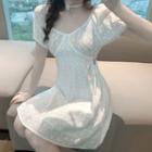 Short-sleeve Eyelet Lace Cutout A-line Mini Dress White - One Size