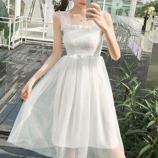 Plain Sleeveless Mesh Overlay Dress