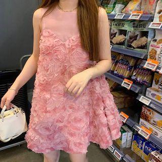 Sleeveless Mesh Panel Mini A-line Dress Pink - One Size