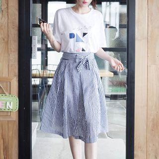 Set: Printed Short-sleeve T-shirt + Striped A-line Midi Skirt