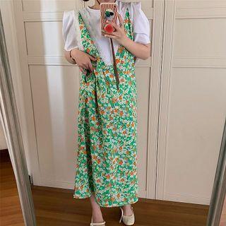 Set: Puff-sleeve Top + Lace Trim Floral Print Midi Shift Overall Dress Green - One Size