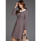 Open-placket Flared Midi Tweed Dress With Belted