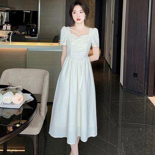 Short-sleeve Square-neck Ruched Plain A-line Dress