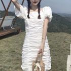 Plain Puff-sleeve Shirred Mini Bodycon Dress