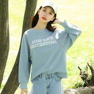 Letter Embroidered Stitched Trim Pullover Blue - One Size
