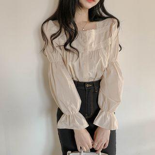 Lace Trim Ruched Bell-sleeve Blouse Beige - One Size