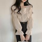 Lace Trim Ruched Bell-sleeve Blouse Beige - One Size