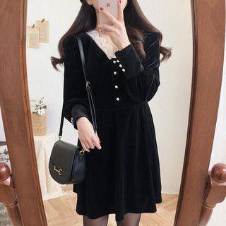 Lace Trim Long-sleeve Velvet A-line Dress Black - One Size