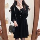 Lace Trim Long-sleeve Velvet A-line Dress Black - One Size