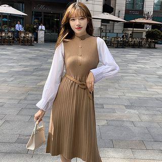 Set: Mock Two-piece Long-sleeve Midi Knit Dress + Belt