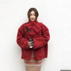 Round-neck Faux-shearling Jacket With Scarf Red - One Size