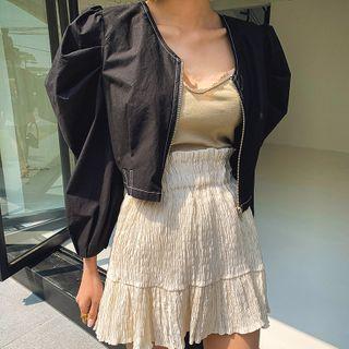 Puff-sleeve Stitched Cropped Jacket