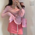 Long-sleeve Henley Knit Top / Drawstring Mini Fitted Skirt