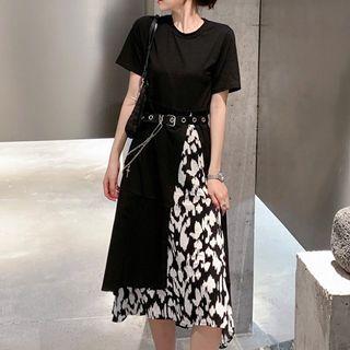 Short-sleeve Print Panel Maxi A-line Dress