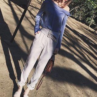 Set: Cold-shoulder Blouse + Cropped Straight Cut Pants