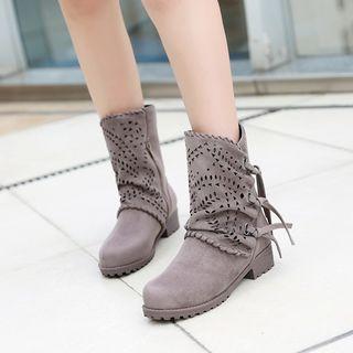 Laser Cut Block Heel Short Boots