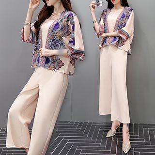Set: Elbow-sleeve Patterned Chiffon Top + Camisole Top + Cropped Wide Leg Pants