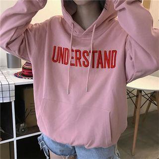 Letter Embroidered Kangaroo-pocket Hoodie Pink - One Size