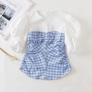 Mock Two-piece Puff-sleeve Plaid Top