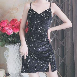 Spaghetti Strap Star Print Velvet Mini A-line Dress