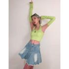 Fringed Rim Denim Mini A-line Skirt